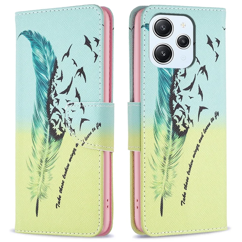 For Xiaomi Redmi 12 4G Pattern Printing PU Leather Cover Anti-drop Wallet Stand Phone Case - Feather and Birds