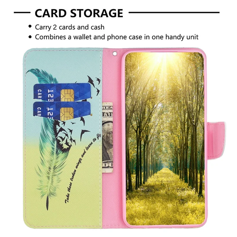 For Xiaomi Redmi 12 4G Pattern Printing PU Leather Cover Anti-drop Wallet Stand Phone Case - Feather and Birds