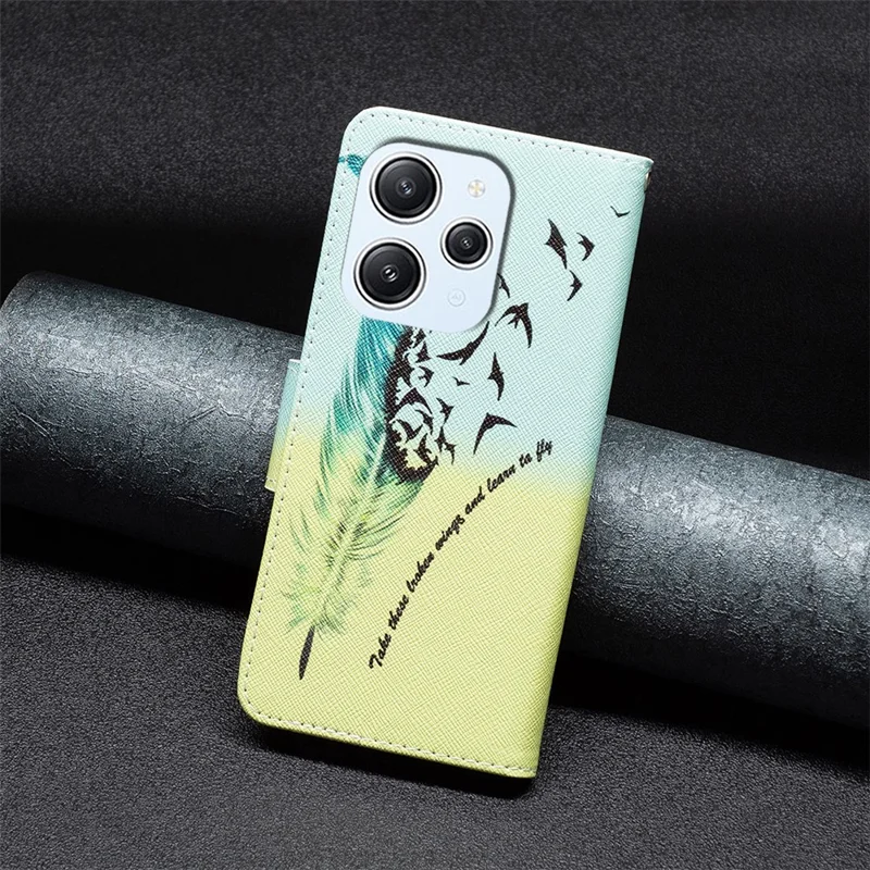 For Xiaomi Redmi 12 4G Pattern Printing PU Leather Cover Anti-drop Wallet Stand Phone Case - Feather and Birds