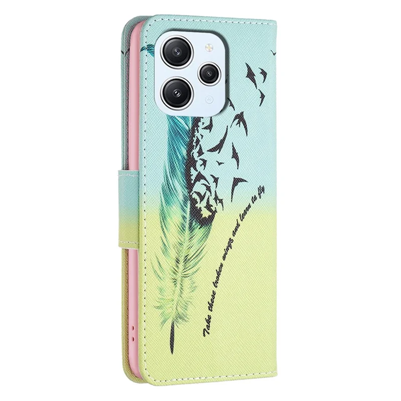 For Xiaomi Redmi 12 4G Pattern Printing PU Leather Cover Anti-drop Wallet Stand Phone Case - Feather and Birds