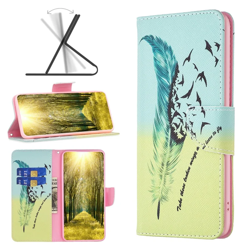 For Xiaomi Redmi 12 4G Pattern Printing PU Leather Cover Anti-drop Wallet Stand Phone Case - Feather and Birds