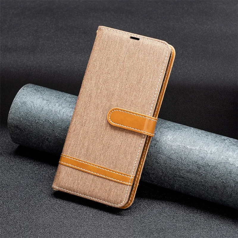 For Xiaomi Redmi 12 4G PU Leather + TPU Phone Case Jeans Cloth Splicing Wallet Stand Cover - Brown