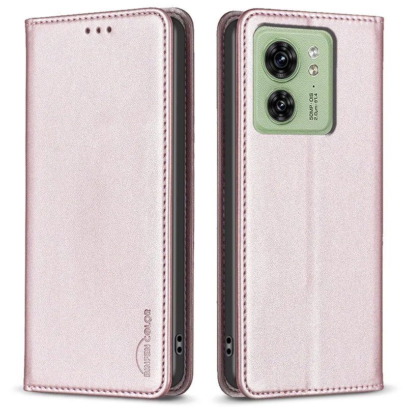 BINFEN COLOR BF18 For Motorola Edge 40 5G Leather Flip Cover Auto-absorbed Magnetic Phone Case with Card Holder - Rose Gold