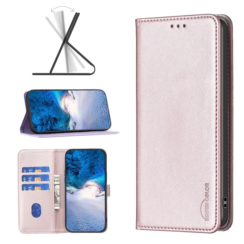 BINFEN COLOR BF18 For Motorola Edge 40 5G Leather Flip Cover Auto-absorbed Magnetic Phone Case with Card Holder - Rose Gold