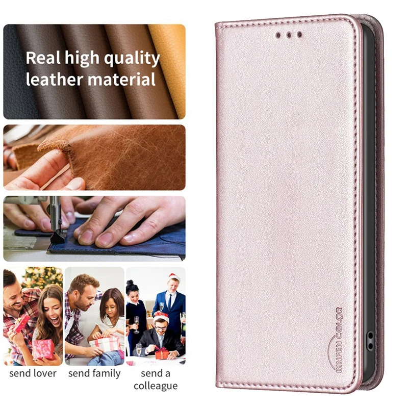 BINFEN COLOR BF18 For Motorola Edge 40 5G Leather Flip Cover Auto-absorbed Magnetic Phone Case with Card Holder - Rose Gold