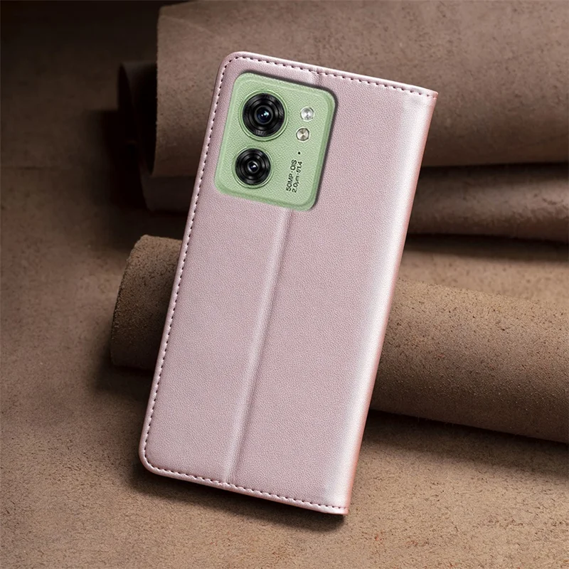 BINFEN COLOR BF18 For Motorola Edge 40 5G Leather Flip Cover Auto-absorbed Magnetic Phone Case with Card Holder - Rose Gold