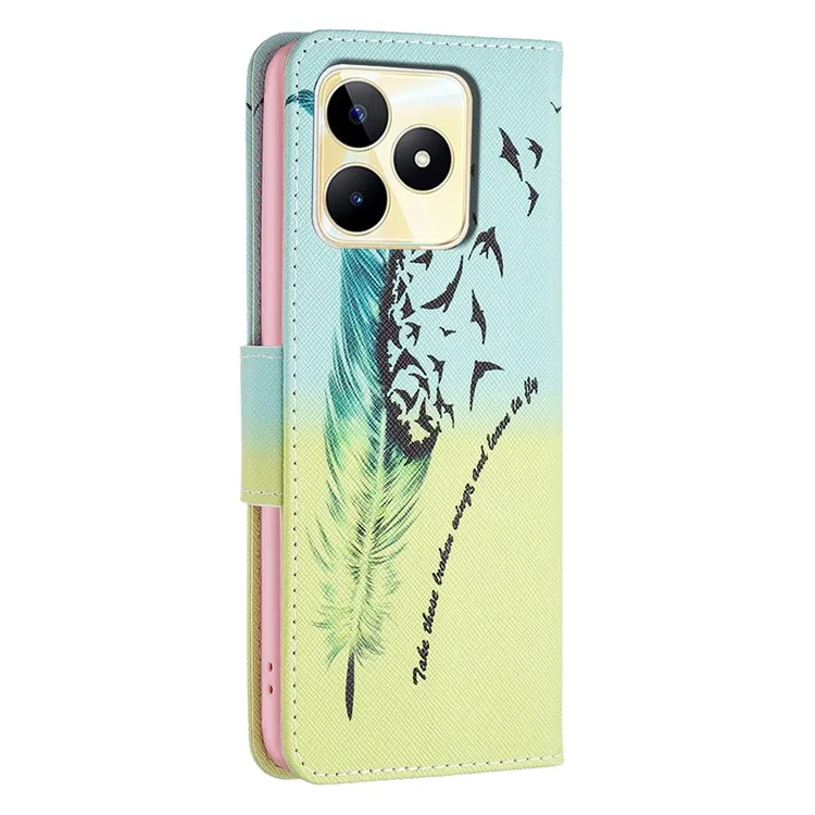 Para Realme C53 (Global) / C53 (Índia) / C51 Capa de Telefone com Suporte e Carteira de Couro PU com Impressão de Padrão - Penas e Pássaros