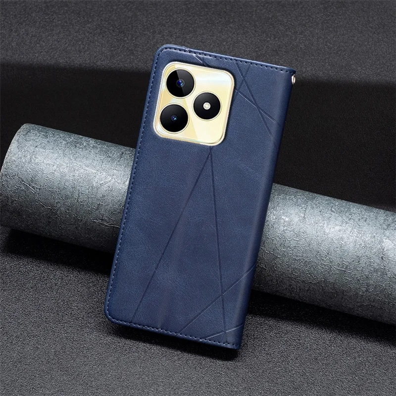 Card Holder Shell for Realme C53 (Global) / C53 (India) / C51 Imprinted Line Cell Phone Case Stand Leather Phone Cover - Blue