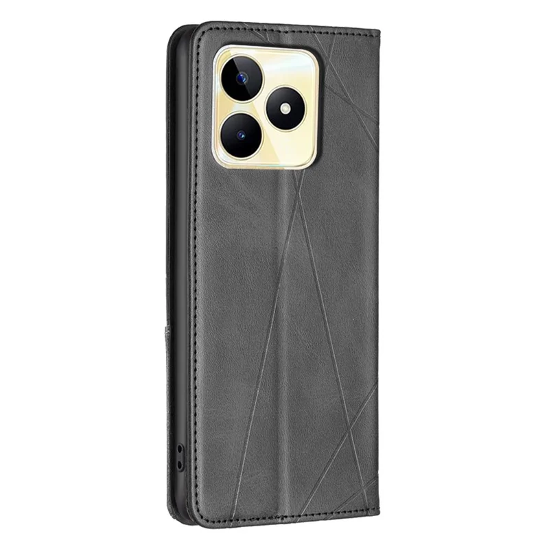 Card Holder Shell for Realme C53 (Global) / C53 (India) / C51 Imprinted Line Cell Phone Case Stand Leather Phone Cover - Black