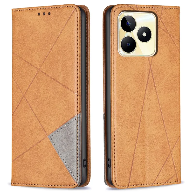 Card Holder Shell for Realme C53 (Global) / C53 (India) / C51 Imprinted Line Cell Phone Case Stand Leather Phone Cover - Yellow