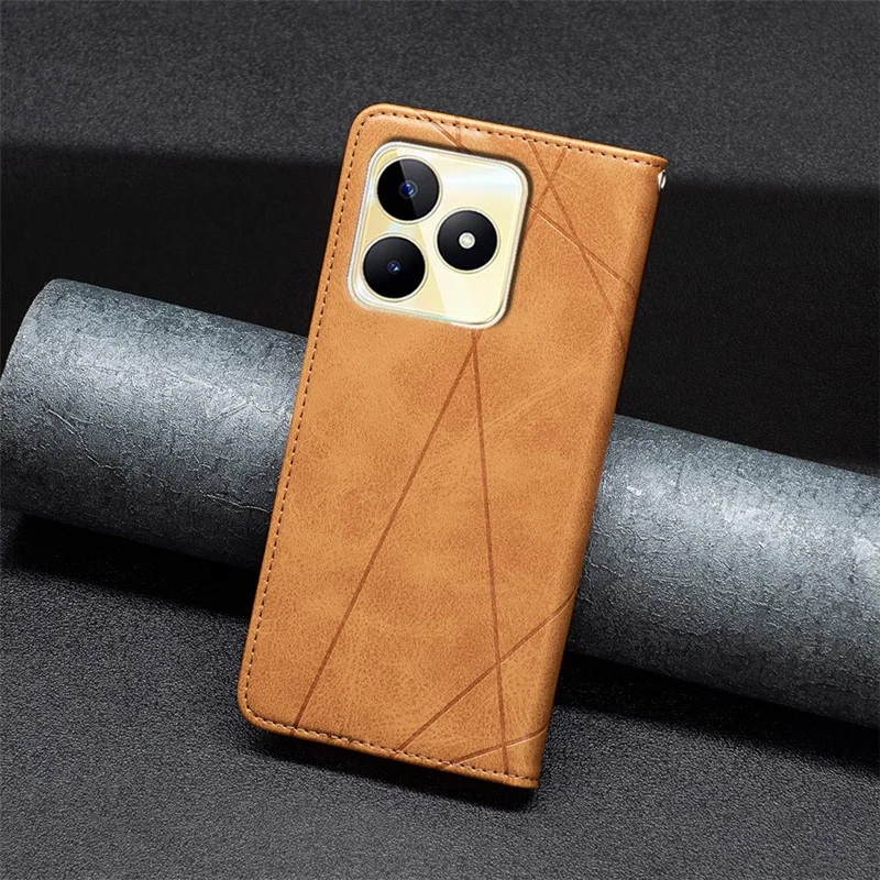 Card Holder Shell for Realme C53 (Global) / C53 (India) / C51 Imprinted Line Cell Phone Case Stand Leather Phone Cover - Yellow