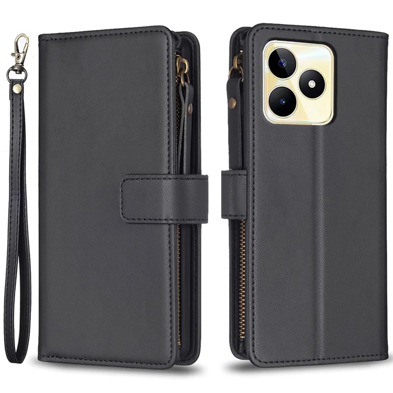 BF Style-19 for Realme C53 (Global) / C53 (India) / C51 Zipper Pocket PU Leather Wallet Case Stand Anti-drop Cover - Black
