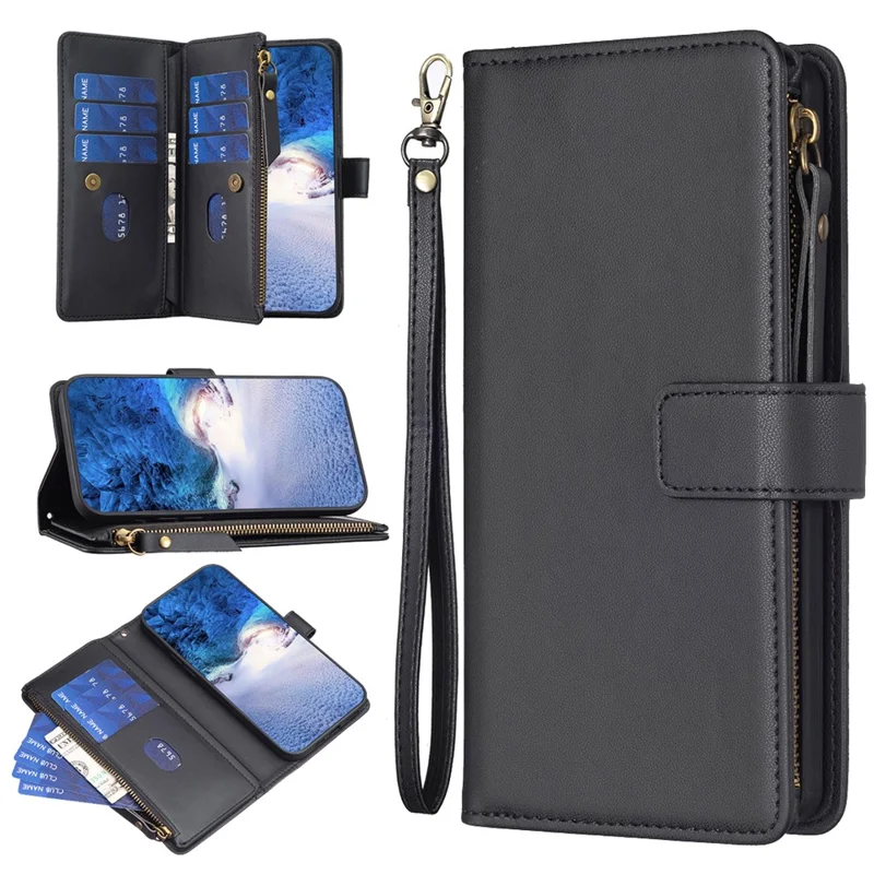 BF Style-19 for Realme C53 (Global) / C53 (India) / C51 Zipper Pocket PU Leather Wallet Case Stand Anti-drop Cover - Black
