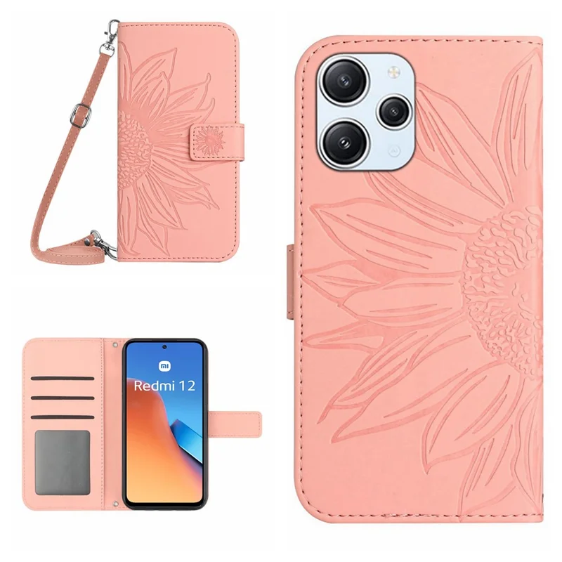 HT04 Para Xiaomi Redmi 12 4G Funda de Cartera de Cuero con Soporte Estampado con Girasol Funda de Teléfono con Correa para el Hombro - Rosa Claro
