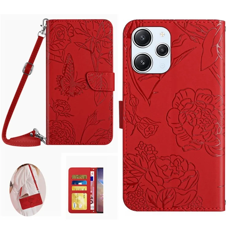 HT03 For Xiaomi Redmi 12 4G PU Leder Brieftasche Hülle Geprägt Klappständer Cover mit Schultergurt - Rot