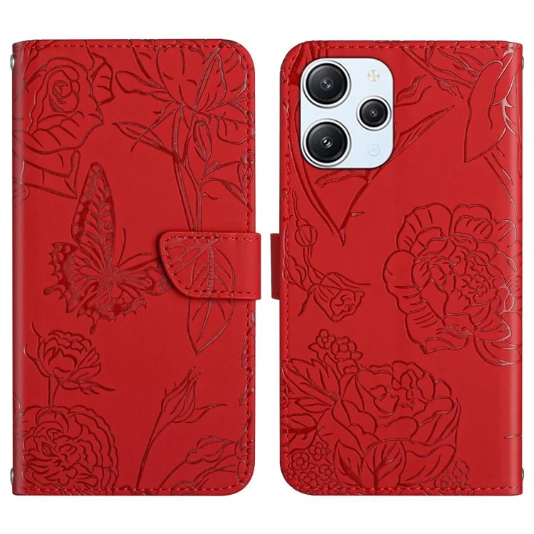 HT03 For Xiaomi Redmi 12 4G PU Leder Brieftasche Hülle Geprägt Klappständer Cover mit Schultergurt - Rot