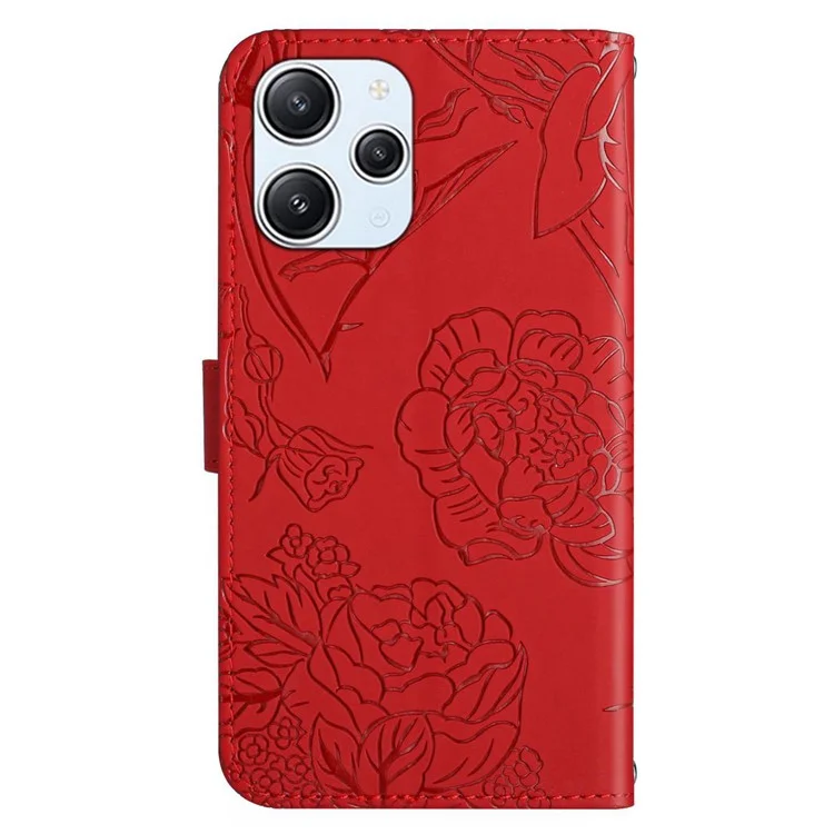HT03 For Xiaomi Redmi 12 4G PU Leder Brieftasche Hülle Geprägt Klappständer Cover mit Schultergurt - Rot