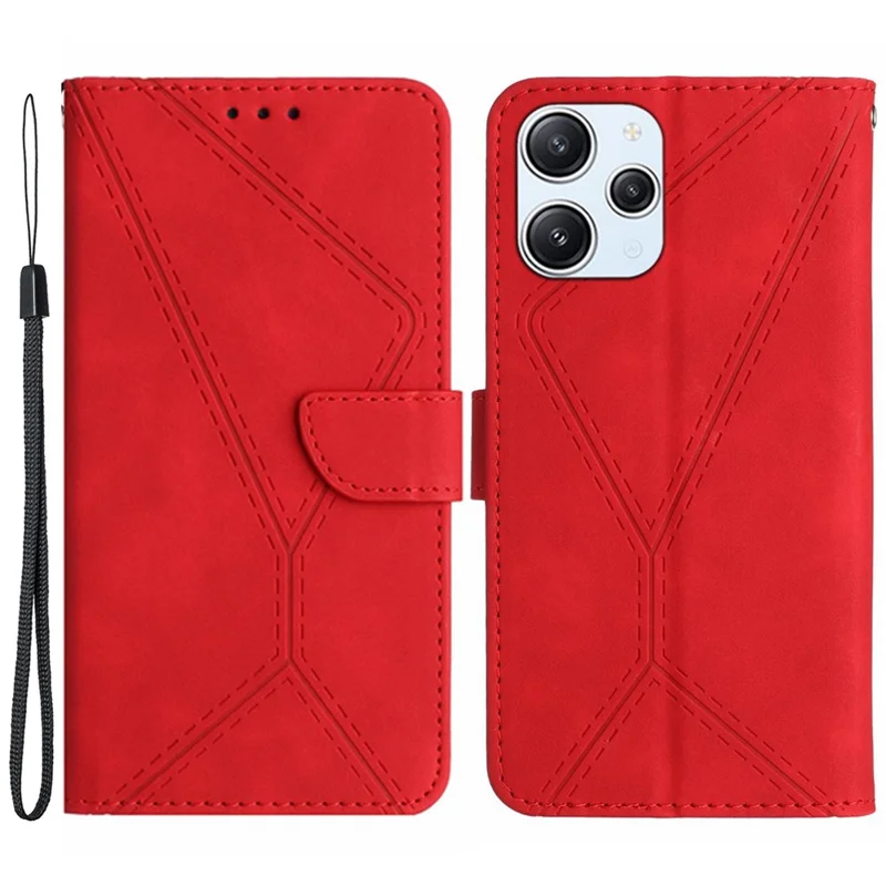 HT05 Für Xiaomi Redmi 12 4G Telefonhülle Brieftasche Bedruckter Linien-Skin-Berührungsklappständer PU-Leder+TPU-Telefonabdeckung - Rot
