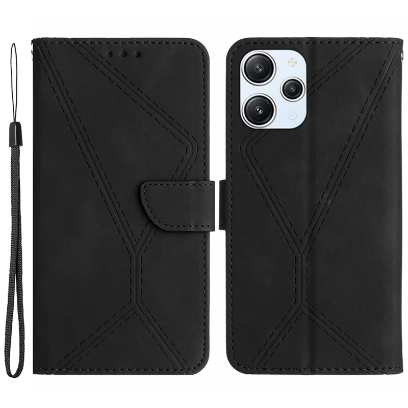 Funda de teléfono HT05 para Xiaomi Redmi 12 4G, billetera impresa con línea, toque de piel, soporte de volteo, cuero PU + funda de teléfono TPU - Negro