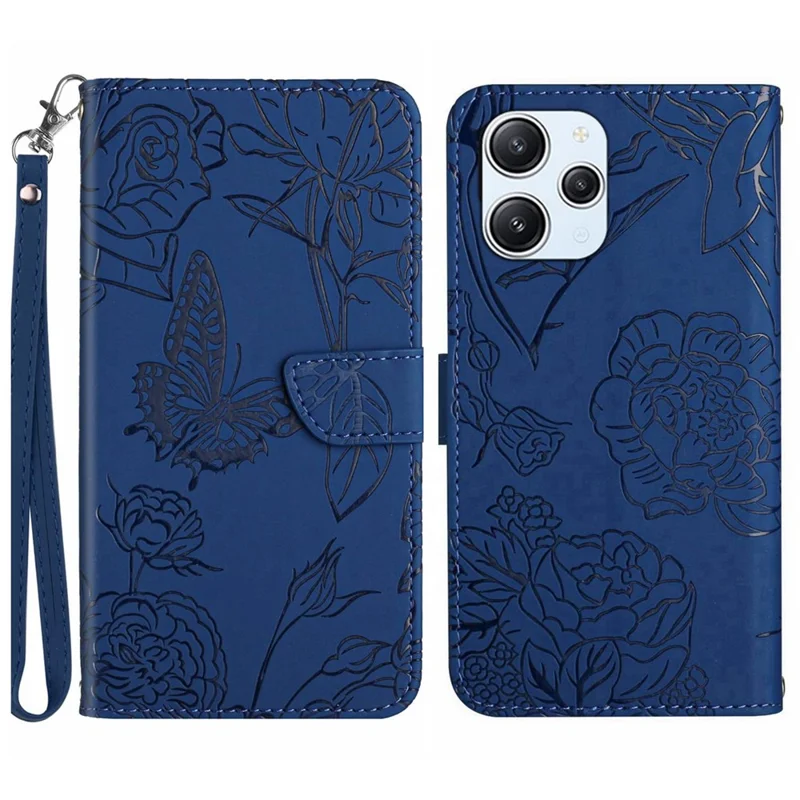 HT03 Wallet Stand Phone Cover til Xiaomi Redmi 12 4G Printet PU-læder telefonbeskytning med håndloe - Blå