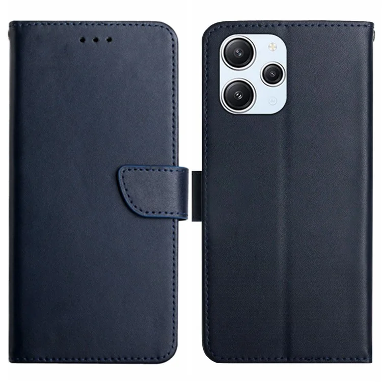 HT02 Per Xiaomi Redmi 12 4G TPU+Pelle Bovina Genuina Wallet Stand Case Texture Nappa Antiurto Cover Telefono - Blu