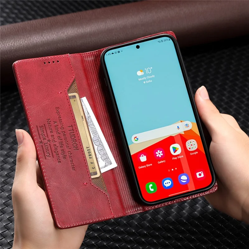 TTUDRCH Style 007 RFID Blocking Case for Samsung Galaxy A24 4G (162.1 x 77.6 x 8.3mm) Wallet Stand Leather Phone Cover - Wine Red