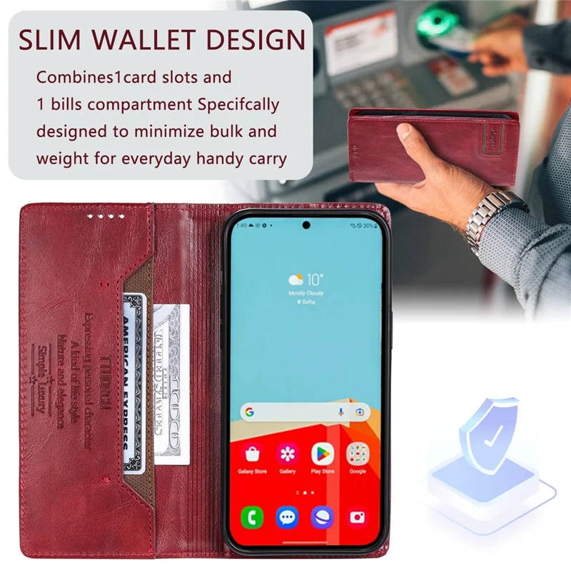 TTUDRCH Style 007 RFID Blocking Case for Samsung Galaxy A24 4G (162.1 x 77.6 x 8.3mm) Wallet Stand Leather Phone Cover - Wine Red