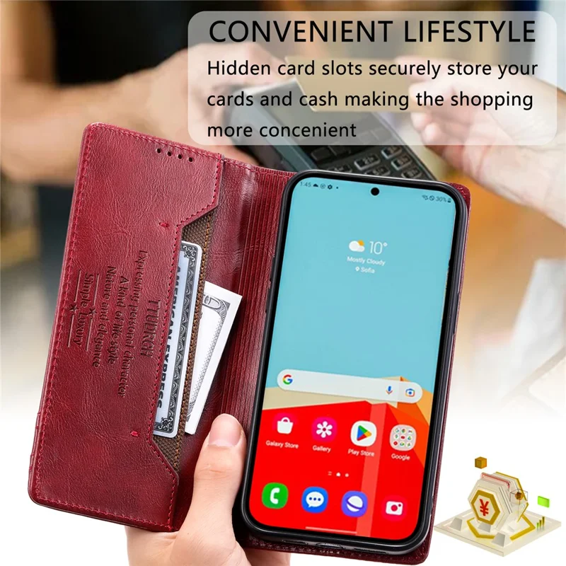 TTUDRCH Style 007 RFID Blocking Case for Samsung Galaxy A24 4G (162.1 x 77.6 x 8.3mm) Wallet Stand Leather Phone Cover - Wine Red