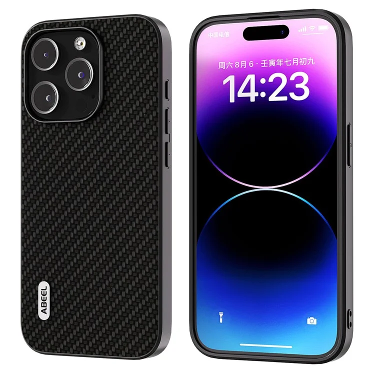 ABEEL Para iPhone 14 Pro Max Funda de teléfono delgada de piel sintética Revestimiento de PC+TPU con textura de fibra de carbono - Negro