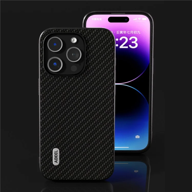 ABEEL Para iPhone 14 Pro Max Funda de teléfono delgada de piel sintética Revestimiento de PC+TPU con textura de fibra de carbono - Negro