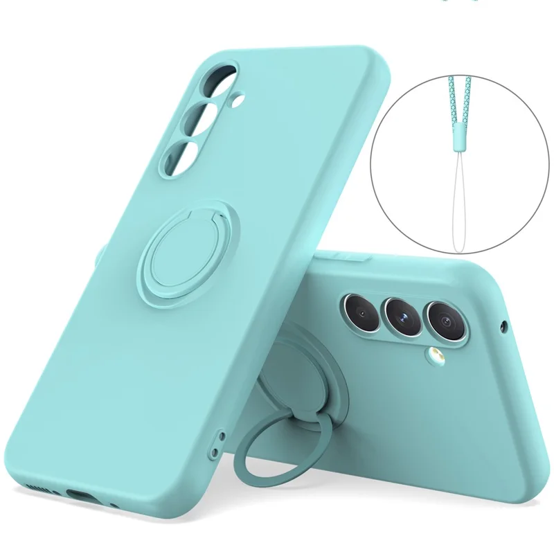 For Samsung Galaxy A34 5G Liquid Silicone Protective Cover Ring Kickstand Phone Case with Wrist Rope - Sky Blue