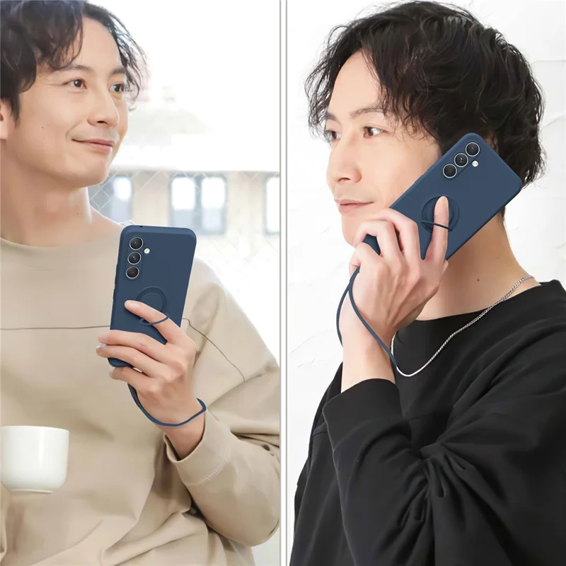 For Samsung Galaxy A34 5G Liquid Silicone Protective Cover Ring Kickstand Phone Case with Wrist Rope - Sky Blue