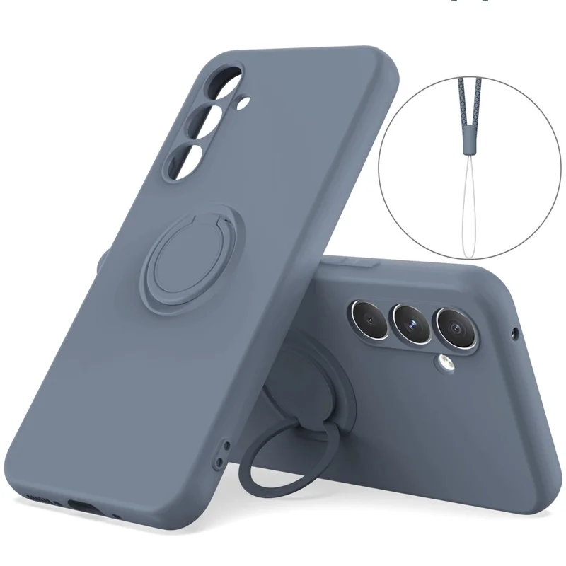Pour Samsung Galaxy A34 5G Étui de protection en silicone liquide avec anneau de support et dragonne - Bleu foncé