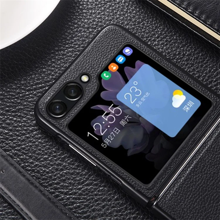 Para Samsung Galaxy Z Flip5 5G Slim Phone Case Cowhide Leather + PC Non-Slip Shockproof Cover - Black