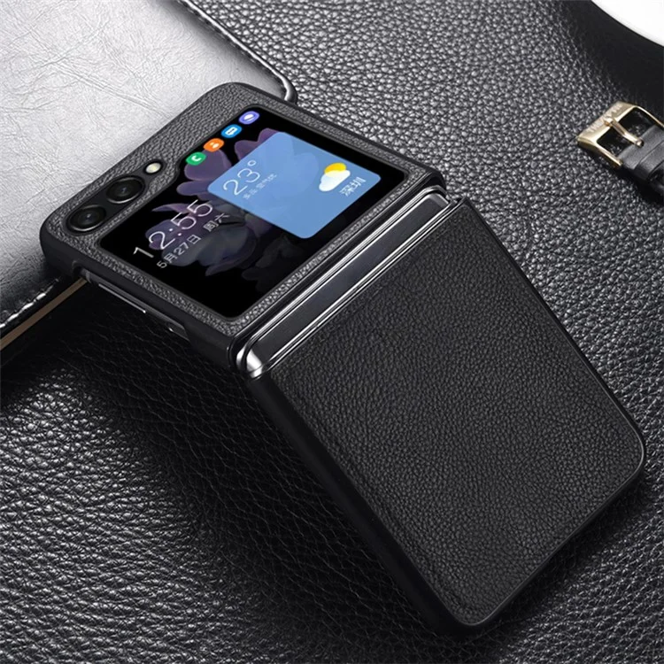Para Samsung Galaxy Z Flip5 5G Slim Phone Case Cowhide Leather + PC Non-Slip Shockproof Cover - Black