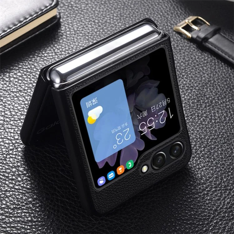 Para Samsung Galaxy Z Flip5 5G Slim Phone Case Cowhide Leather + PC Non-Slip Shockproof Cover - Black