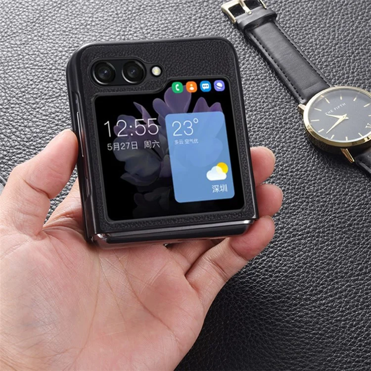 Para Samsung Galaxy Z Flip5 5G Slim Phone Case Cowhide Leather + PC Non-Slip Shockproof Cover - Black