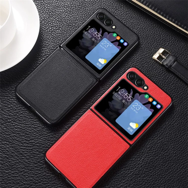 Para Samsung Galaxy Z Flip5 5G Slim Phone Case Cowhide Leather + PC Non-Slip Shockproof Cover - Black