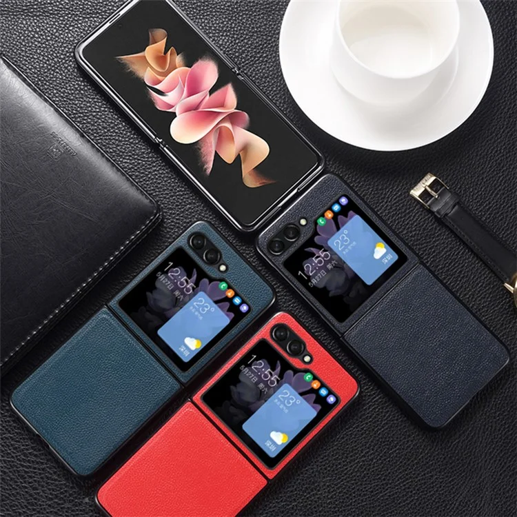 Para Samsung Galaxy Z Flip5 5G Slim Phone Case Cowhide Leather + PC Non-Slip Shockproof Cover - Black