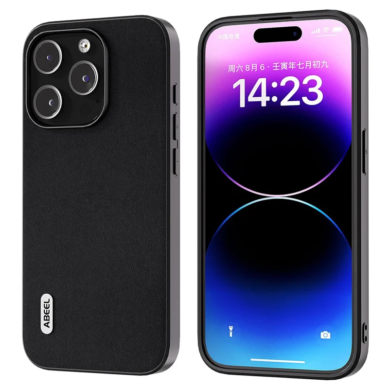 ABEEL для iPhone 15 Pro Nappa Texture Cell Phone Case Genuine Cow Leather+PC+TPU Cover - Черный