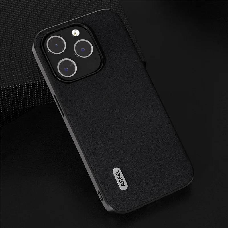ABEEL для iPhone 15 Pro Nappa Texture Cell Phone Case Genuine Cow Leather+PC+TPU Cover - Черный