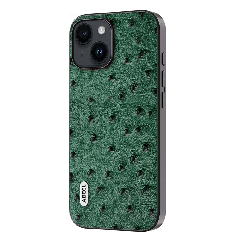 ABEEL For iPhone 15 Plus Ostrich Texture Anti-drop Cover Genuine Cow Leather Coated PC+TPU Phone Case - Green
