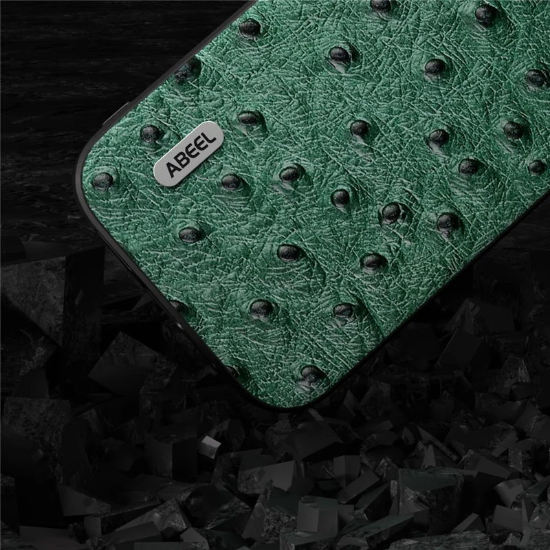 ABEEL For iPhone 15 Plus Ostrich Texture Anti-drop Cover Genuine Cow Leather Coated PC+TPU Phone Case - Green