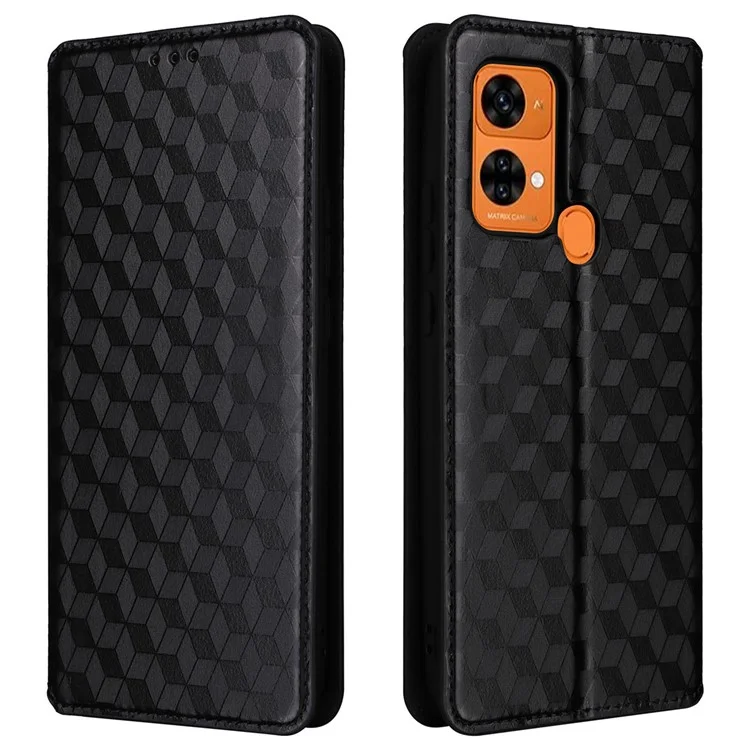 Rhombus Imprinted Shell for Oukitel C33 PU Leather Phone Cover Shockproof Stand Case - Black