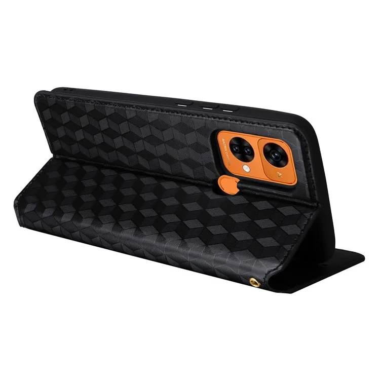Rhombus Imprinted Shell for Oukitel C33 PU Leather Phone Cover Shockproof Stand Case - Black