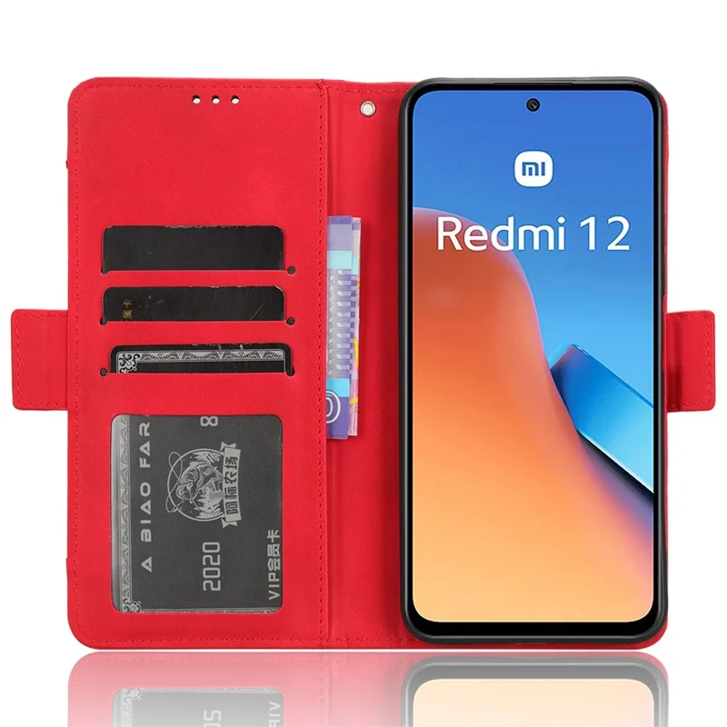 Pour Xiaomi Redmi 12 4G / 12 5G (Global) / Note 12R 5G / Poco M6 Pro 5G Fentes pour cartes multiples Étui à rabat téléphone Étui portefeuille en cuir PU - Rouge