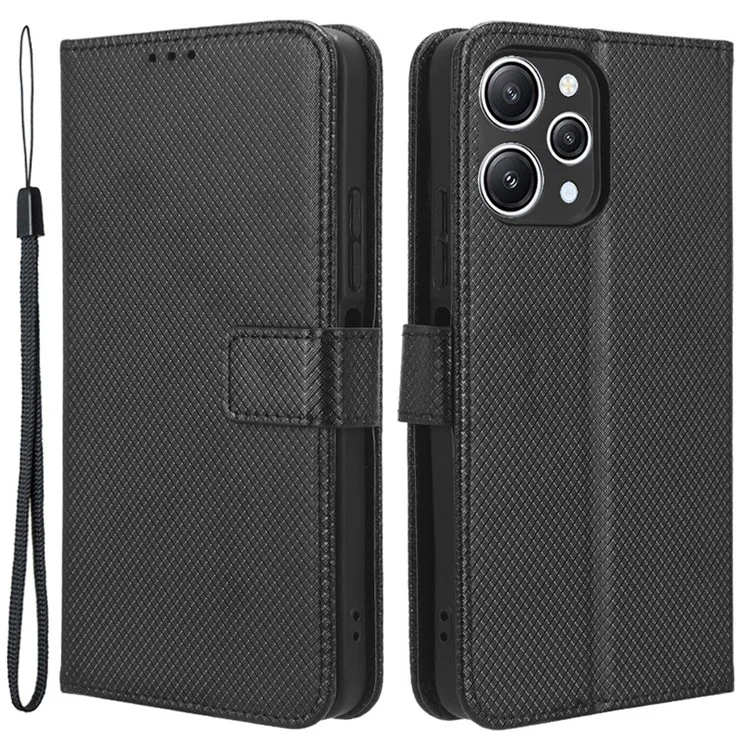 Diamond Texture Shell for Xiaomi Redmi 12 4G / 12 5G (Global) / Note 12R 5G / Poco M6 Pro 5G PU Leather Wallet Phone Case Phone Stand Cover - Black