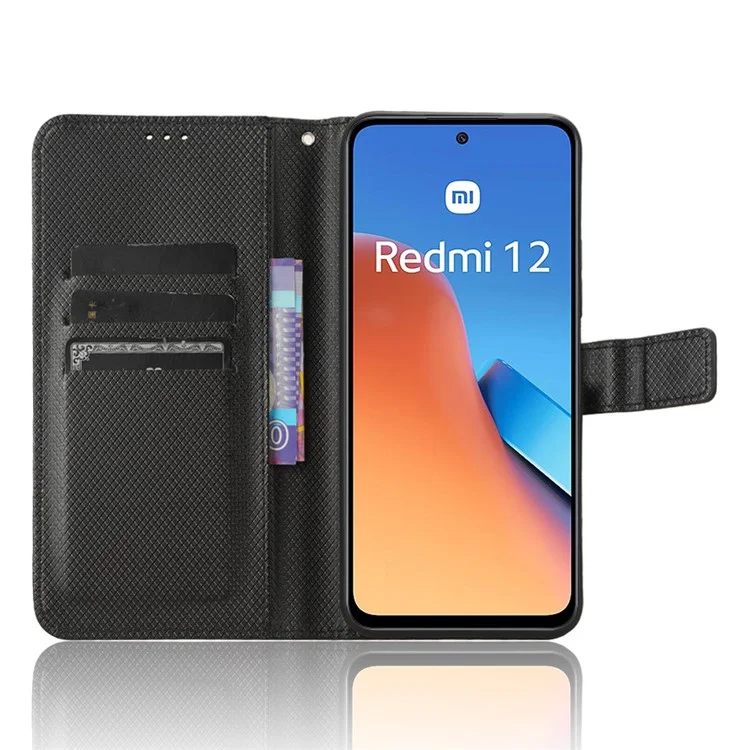 Diamond Texture Shell for Xiaomi Redmi 12 4G / 12 5G (Global) / Note 12R 5G / Poco M6 Pro 5G PU Leather Wallet Phone Case Phone Stand Cover - Black