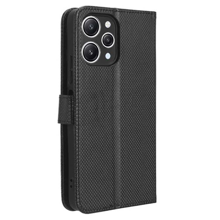 Diamond Texture Shell for Xiaomi Redmi 12 4G / 12 5G (Global) / Note 12R 5G / Poco M6 Pro 5G PU Leather Wallet Phone Case Phone Stand Cover - Black