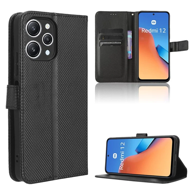 Diamond Texture Shell for Xiaomi Redmi 12 4G / 12 5G (Global) / Note 12R 5G / Poco M6 Pro 5G PU Leather Wallet Phone Case Phone Stand Cover - Black